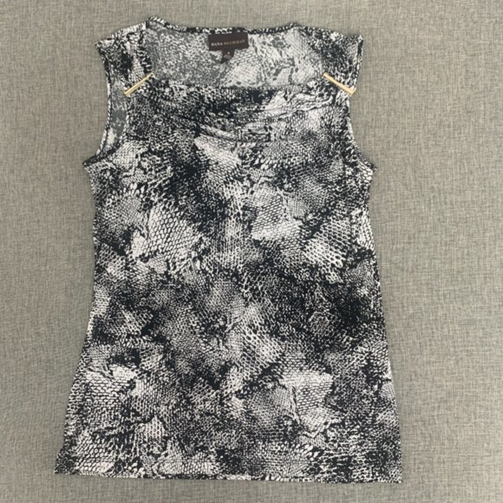 Dana Buchman Sleeveless Blouse Snake Print Black White Small Cowl Neck Gold Pins